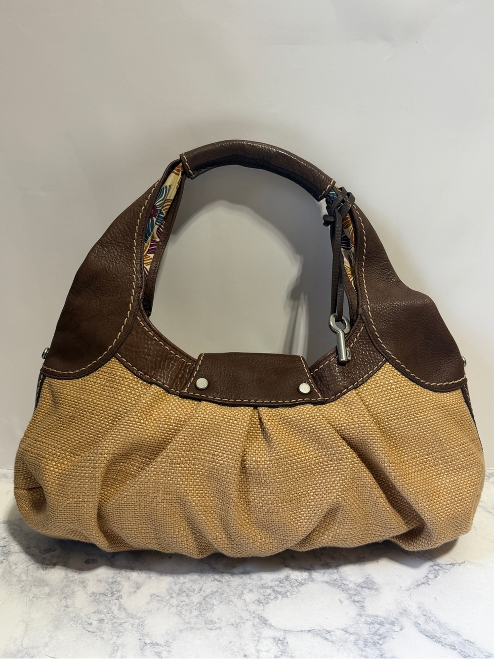 Fossil woven straw leather baguette hobo shoulder bag tan brown silver key - Picture 5 of 9
